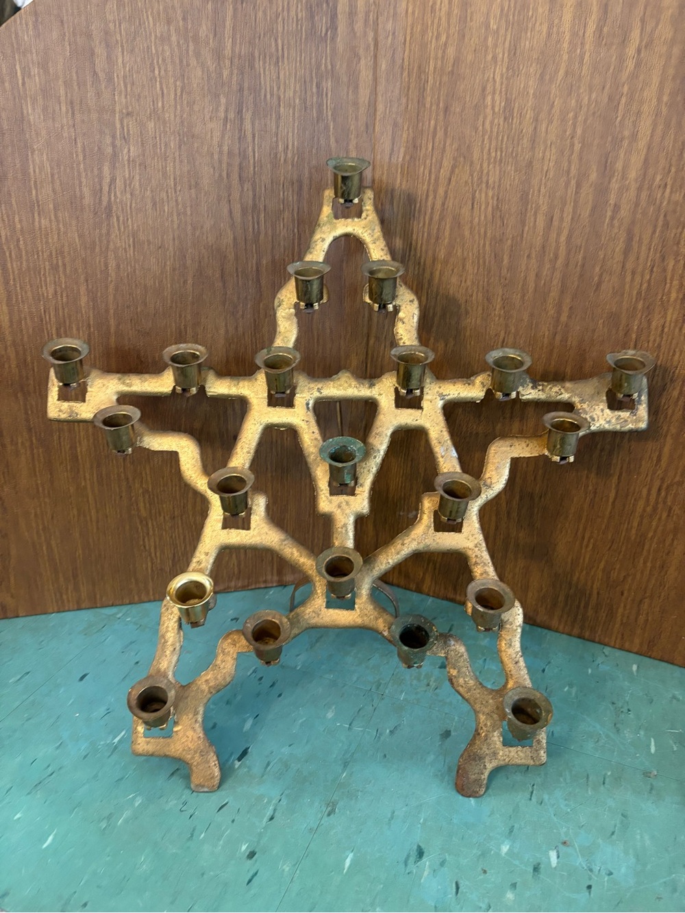 Large Vintage Gold star Metal Candle Holder large church decor brass